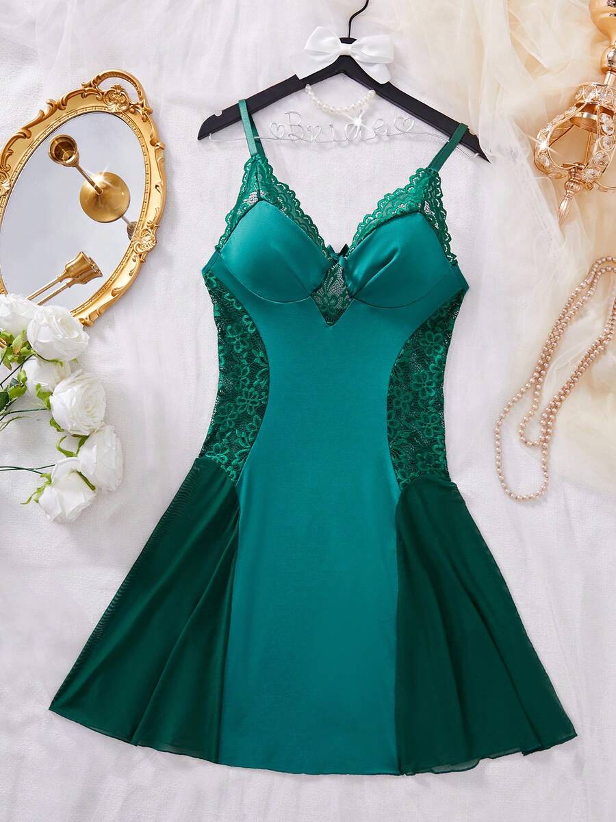 Women Sexy Lingerie Contrast Lace Milk Silk Chemise Nightgown Babydoll Dress Slip Nightwear - 綠色 - 查看 1