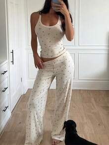 GAOVOT Women's Two Pieces Summer Home Leisure Sports Running Exercise Print Sleeveless Vest Top And Loose Wide Leg Straight Pant Suit