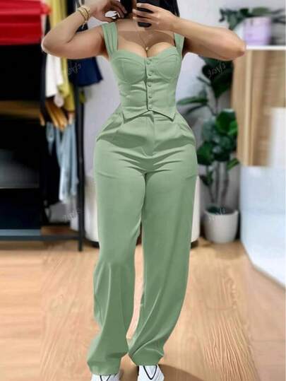 Jumpsuit elegante con corset entallado y pantalón recto de tiro alto, ideal para eventos, salidas de noche o reuniones especiales