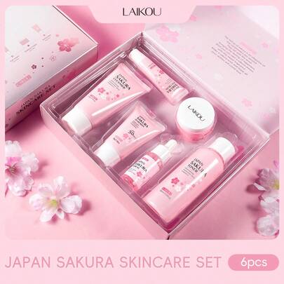  1 套 6 件深层滋养 LAIKOU JAPAN SAKURA 护肤套装，抗衰老（防晒乳液 30g SPF50 & 洁面乳 50g & 爽肤水 100ml & 精华液 17ml & 眼霜 15g & 面霜 25g）紧致护肤礼盒 SPA 亮白面部护理礼物送给女朋友自我护理