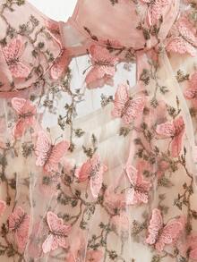 Women Sexy Lingerie Embroidery Butterfly Babydoll Sheer Mesh Nightgown Chemise Boudoir Nighty Sleepwear With Thong - 粉色 - 查看 4