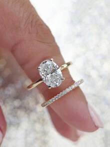 CVNANA 2pcs Luxury Cubic Zirconia Ring Set, Shiny Oval Engagement/Wedding/Promise/Eternity Rings, Exquisite Jewelry, Gifts For Valentine's Day, Mother's Day And Christmas - B - View 1