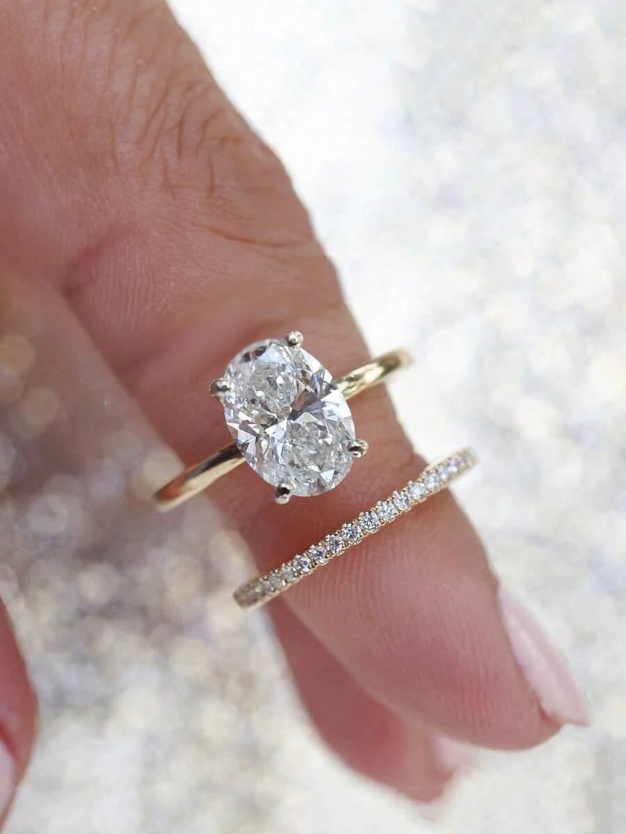 CVNANA 2pcs Luxury Cubic Zirconia Ring Set, Shiny Oval Engagement/Wedding/Promise/Eternity Rings, Exquisite Jewelry, Gifts For Valentine's Day, Mother's Day And Christmas - B - View 1