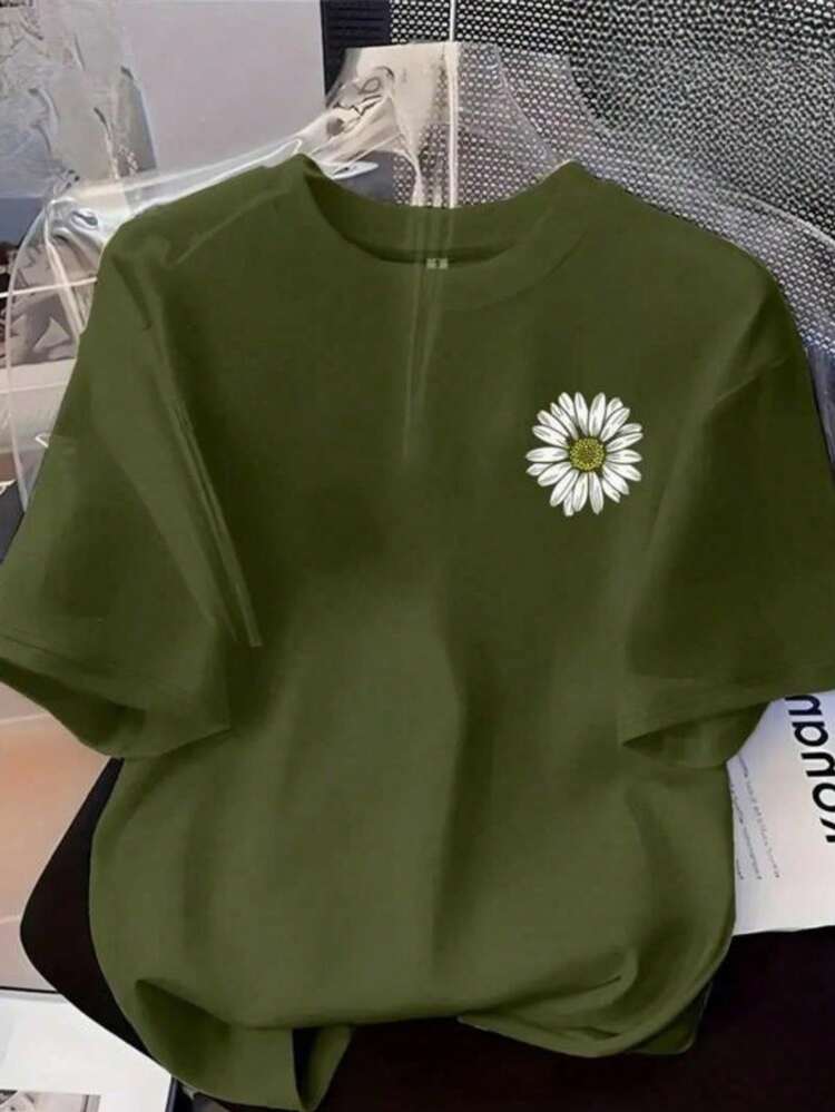 Camiseta Feminina Margarida Blusa 100 % Algodão Malha Premium Manga Curta Camisa Gola Redonda - Verde - Visão 1