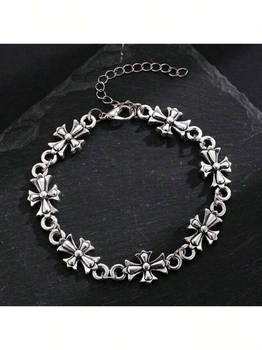 1PC Punk Style Cross Vintage Leather Bracelet For Men, New Fashion High-Quality Everyday Wear Birthday, Engagement Gift - Silver - View 1