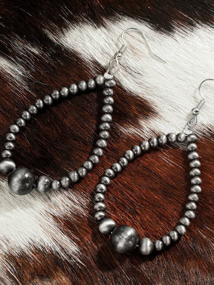 1 Pair Of Vintage Beaded Teardrop Alloy Women's Earrings, Suitable For Travel Parties And Daily Accessories - 槍灰色 - 查看 1