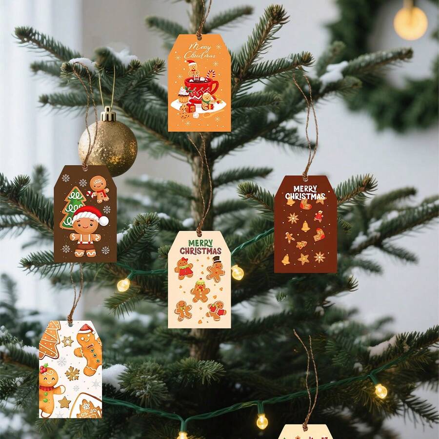 8 etiquetas navideñas, 8 estilos de etiquetas de papel kraft navideñas con cuerda, adecuadas para el embalaje navideño, el embalaje de regalos navideños, el tema navideño del hombre de jengibre en el estilo de Ins, colgante de etiqueta de regalo, decoración de fiesta, suministros de colgante