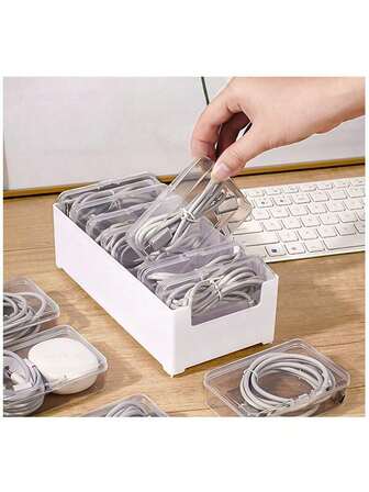 1 pieza Caja de almacenamiento de cable de datos con tapa, organizador de cajón de gran capacidad, organizador de cables de escritorio, adecuado para el hogar, la oficina, el aula, la residencia universitaria, la cocina, la división