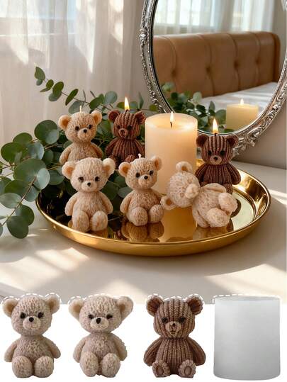 1个可爱小熊硅胶模具，适用于蜡烛和石膏 - 手工装饰铸造工具，一体成型硅胶模具，材质，易于拆卸和清洁，可反复批量生产，多种款式可供选择