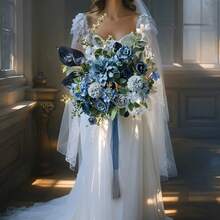 Dusty Blue Wedding Bouquets For Bride, Navy Blue Bridal Bouquets For Bride, 13 Inch Free Form Artificial Wedding Flower BouquetWedding Flowers Bouquets, Small Bridesmaid Bouquet For Bridesmaids, Wedding, Ceremony, Etc - Màu xanh lam - Xem 2