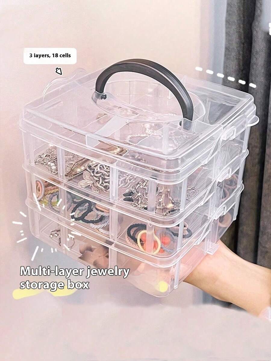 1 pieza Caja de almacenamiento transparente de gran capacidad de 3 capas, organizador de joyas y arte de uñas, caja de almacenamiento de escritorio para pulseras, cuentas, aretes y suministros de manualidades DIY - Multicolor - Ver 1