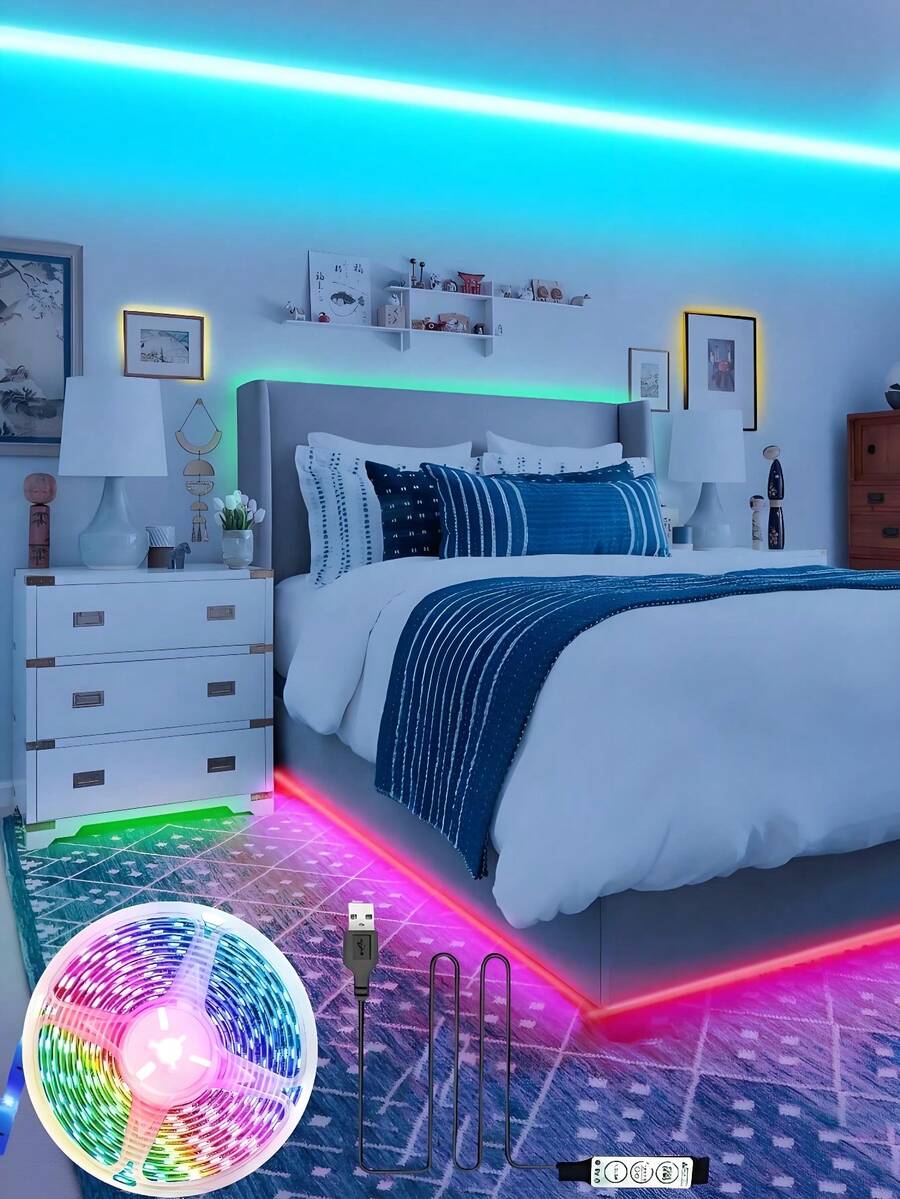 1pc Room LED Light Strip, Room Lamp, Decorative Lighting, 5050 RGB Light Strip 1m/3 Meters/5m/10m/20m, Color Changing String Lights, Cuttable Length, 3-Key Dynamic Speed Control, Dimmable, For Room Decor, Home Decor, Wedding Decor, Party Supplies, Bedroom, Kitchen, Party DIY, Room, Bathroom, Stairs, Kitchen, TV Backlight, Birthday, Easter Gift, Easy Installation, Holiday Party Supplies, Thanksgiving, Mother's Day