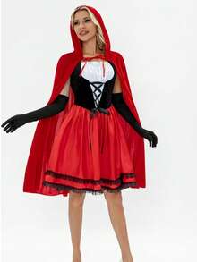 1件派对小红帽斗篷，红色仙女公主长袍服装，适合各种节日场合和角色扮演，圣诞节服装 - 紅色 - 查看 9