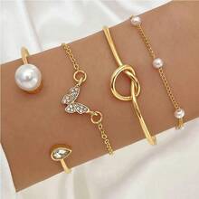 1 Set Bohemian Butterfly Charm Bracelet For Women – Simple & Stylish Layered Design, Lightweight Daily Jewelry,  Boho Stackable Accessory For Vacation, Festivals, Or Gifts, Nature-Inspired Minimalist Bracelet Set - 4 chiếc/vàng - Xem 5