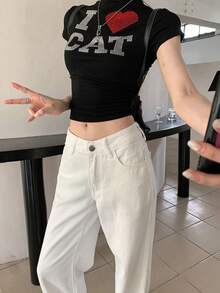 海军蓝低腰百搭女士牛仔裤，修身宽松直筒裤 - 白色 - 查看 3