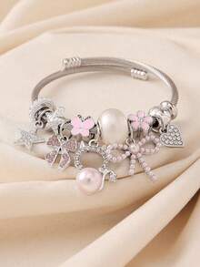 1件装女士优雅粉色水晶仿珍珠吊坠猫咪蝴蝶结串珠手链，樱桃皇冠图案，适合女士派对配饰、礼物、母亲节、万圣节、圣诞节、情人节、节日礼物 - 粉色魅惑貓咪蝴蝶結 - 查看 1