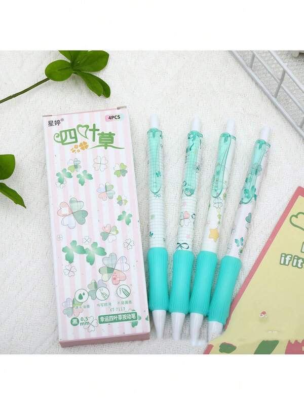 4pcs Lucky Clover Anti-Fatigue Erasable Pens, Star-Shaped Quick-Drying Retractable Ballpoint Pens, Comfortable & Smooth Black Ink Pens For Students