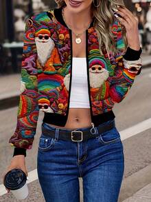 Women's Christmas Santa Claus Print Ribbed Collar Jacket, Lightweight Baseball Jacket For Autumn/Winter