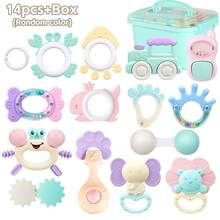 14件婴儿摇铃安抚玩具套装，含抓握、摇铃、牙胶感官玩具，易于抓握，适合新生儿，促进早期感官发育，带收纳盒，非常适合新生男婴女婴生日/节日礼物（包装盒、图案、配件、颜色随机）