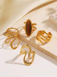 4pcs/Set Stainless Steel Minimalist 18K Gold Plated Geometric Tiger Eye Stone Line Open Ring, Suitable For Women's Daily Wear - Multicolor - View 4