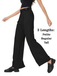 Women's Petite/Regular/Tall 3 Lengths Wide-Leg Dress Pants Flowing Stylish And Casual Loose Palazzo Lounge Classic Stylish Slacks Stretchy High Waist Trousers - 黑色 - 查看 2