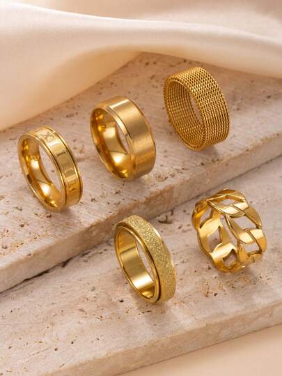 5pcs Fashion Stainless Steel Rings Set, Simple Golden Rotatable Rings, Hip Hop Hollow Out Rings Set
