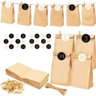 Mvyc 2025 Weihnachts-Countdown-Kalender (befüllbar), 24 Stück Weihnachts-Papiertüten, 24 Stück schwarz-gold-weiße Nummer Aufkleber, Holzklammern, Jute-Seil Countdown-Kalender DIY Geschenktüten (geeignet für Basteleien und Geschenke)
