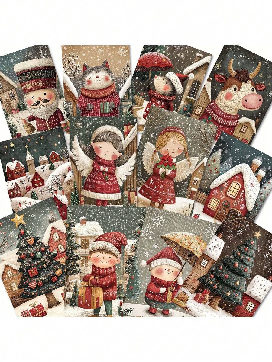 بطاقات بريدية ورقية بموضوع عيد الميلاد الكرتوني - تتميز بالرجال الزنجبيل وسانتا كلوز والحيوانات الكرتونية، قابلة للكتابة بسطح ناعم، مثالية لتجميع الصور والكتابة الإبداعية والحرف اليدوية وتحية أعياد الميلاد والهدايا، سلسلة كلاسيكية من البطاقات الزخرفية، مثالية لتجميع الصور والحرف اليدوية وديكورات أعياد الميلاد