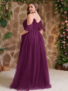 大码女式蕾丝拼布露肩正式长裙，适合婚礼宾客、伴娘、伴娘 - 中紫紅色 - 查看 3