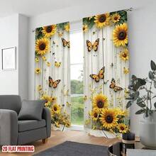 2 Piezas de Juego de Cortinas Semitransparentes de Bolsillo para Varilla de Poliéster con Patrones Florales de Girasoles y Mariposas, Adecuadas para la Decoración del Hogar Moderno en Salas de Estar, Dormitorios, Cocinas, Cortinas Fáciles de Cuidar, Cortinas de Poliéster Lavables a Máquina - Multicolor - Ver 4