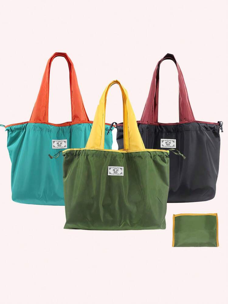 1pc Large Capacity Reusable Drawstring Gym Bag Handbag, Reusable Grocery Bag Foldable Shopping Bag With Pocket Extra Wide Handle Portable Durable, Portable Foldable Machine Washable Shopping Bag, Solid Color Lightweight Women's Tote Shoulder Bags Grocery Bag - Multicolor - View 1