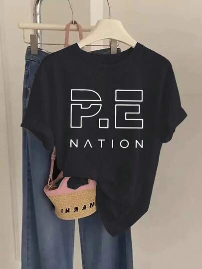Women's P.E Nation Pattern T-Shirt - Everyday Casual Wear, Non-See-Through Fabric