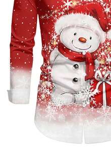 Men's Christmas Theme Long Sleeve Shirt, Red Snowman & Snowflake Print, Turndown Collar Button Front Long Sleeve Casual Festive Shirt For Christmas Party