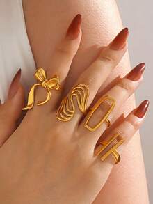 4pcs/Set Stainless Steel 18K Gold Plated Minimalist Geometric Line & Bow Knot Open Rings, Suitable For Women's Daily Wear - Multicolor - View 3
