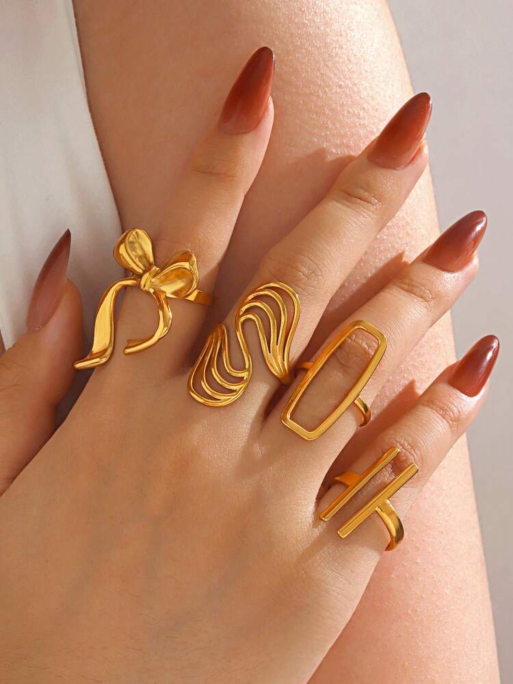 4pcs/Set Stainless Steel 18K Gold Plated Minimalist Geometric Line & Bow Knot Open Rings, Suitable For Women's Daily Wear - Multicolor - View 3