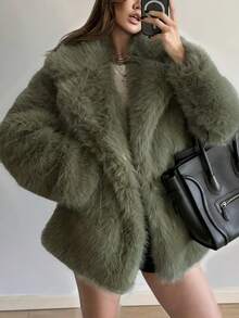 Long Sleeve Furry Green Faux Fur Coat For Women,Open Front Lapel Solid Color Fluffy Jacket,Loose Cropped Casual Fur Top,Elegant Chic Outwear,Fall Winter Clothes For Women Halloween Christmas For Going Out Outfits - Mint Green - View 3