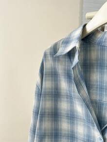 YUXIN Retro Blue Plaid Long Sleeve Chic Loose Fit Shirt For Women, Unique Design, Autumn