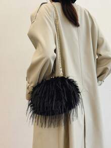 Höst/vinter plysch kuvertväska, moderiktig kedja axel-/crossbody-/handväska för kvällsfest - Svart - Visa 3