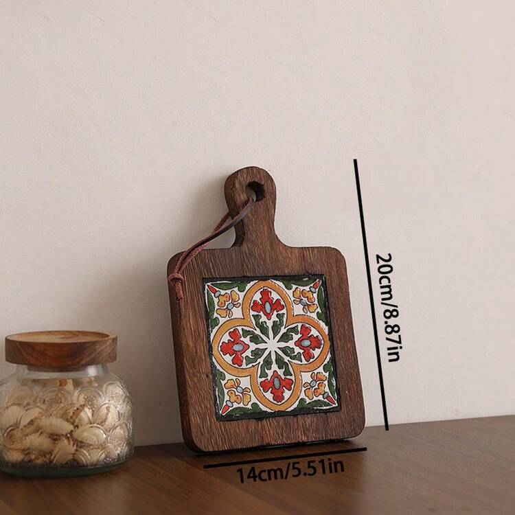 1PC Solid Wood Ceramic Tile Pattern Heat-Resistant Coaster - Retro Kitchen And Dining Table Mat, Suitable For Hot Pot, Flat Bottomed Pan, Cup, High Heat Protection, Handmade Home Decoration Gift - Multicolor - View 5