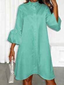 女装夏季休闲纯色立领灯笼袖甜美温柔优雅中长连衣裙 - 青碧色 - 查看 2