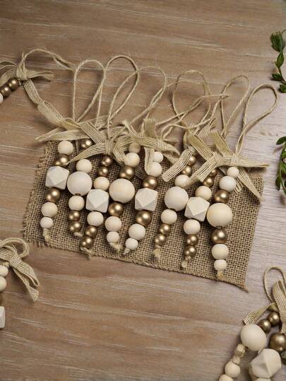 5 piezas Adornos de árbol de Navidad de estilo bohemio con cuentas de madera y cuentas doradas y lazos - Decoraciones colgantes de estilo rústico para árboles, coronas y guirnaldas navideñas, decoraciones de árbol festivas | Decoración con encanto rústico | Cuentas de madera natural, decoraciones y accesorios para el árbol de Navidad, ideal para la decoración navideña del hogar, decoración de habitaciones en invierno