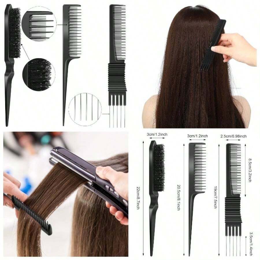 3 Pieces Pick Teasing Combs Hair Brush Set Includes Black Carbon Lift With Metal Prong, Triple Pin Rat Tail Comb, Nylon Bristle Hair Brush WomenBlack And Red,Hair Tools,Hair Items,Travel Essential,Travel,Barber,Hairstylist,Barber Accessories,Valentine's Day,Hair Supplies,Hair Stylist,Barbershop,Salon,Vacation Essentials,Hair Products,Barbershop,Valentine's Gift,Travel Essentials For Women,Hair Stylist Tools - Black - View 1