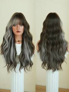 AKAKO Long Wave Brown & Gray Highlight Cosplay Wigs For Women Synthetic Wavy Wigs With Bangs, Natural Looking Heat-Resistant Fiber Fake Hair, Gothic Style Fashion Costume Wig For Halloween Party Masquerade Ball,Music Festivals & Carnival Use 26 Inch