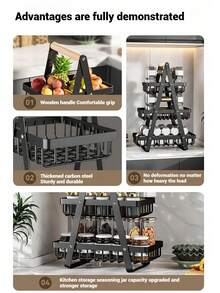 1 pieza Bandeja de cesta de frutas reforzada de 2/3 niveles, estante de almacenamiento para encimera de cocina con varillas de soporte adicionales para frutas, verduras, pan y aperitivos; estantes desmontables ahorradores de espacio adecuados para despensas, armarios y encimeras, y se utilizan a menudo para exhibición en el hogar y la cocina. Cesta de frutas negra.