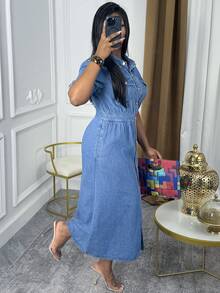 Váy denim midi cạp cao cài nút phía trước dành cho nữ - Thanh lịch, không co giãn, thích hợp mặc ở nhà, giải trí Mô tả sản phẩm bằng tiếng Anh (Định dạng 5 điểm) - Rửa trung bình - Xem 4