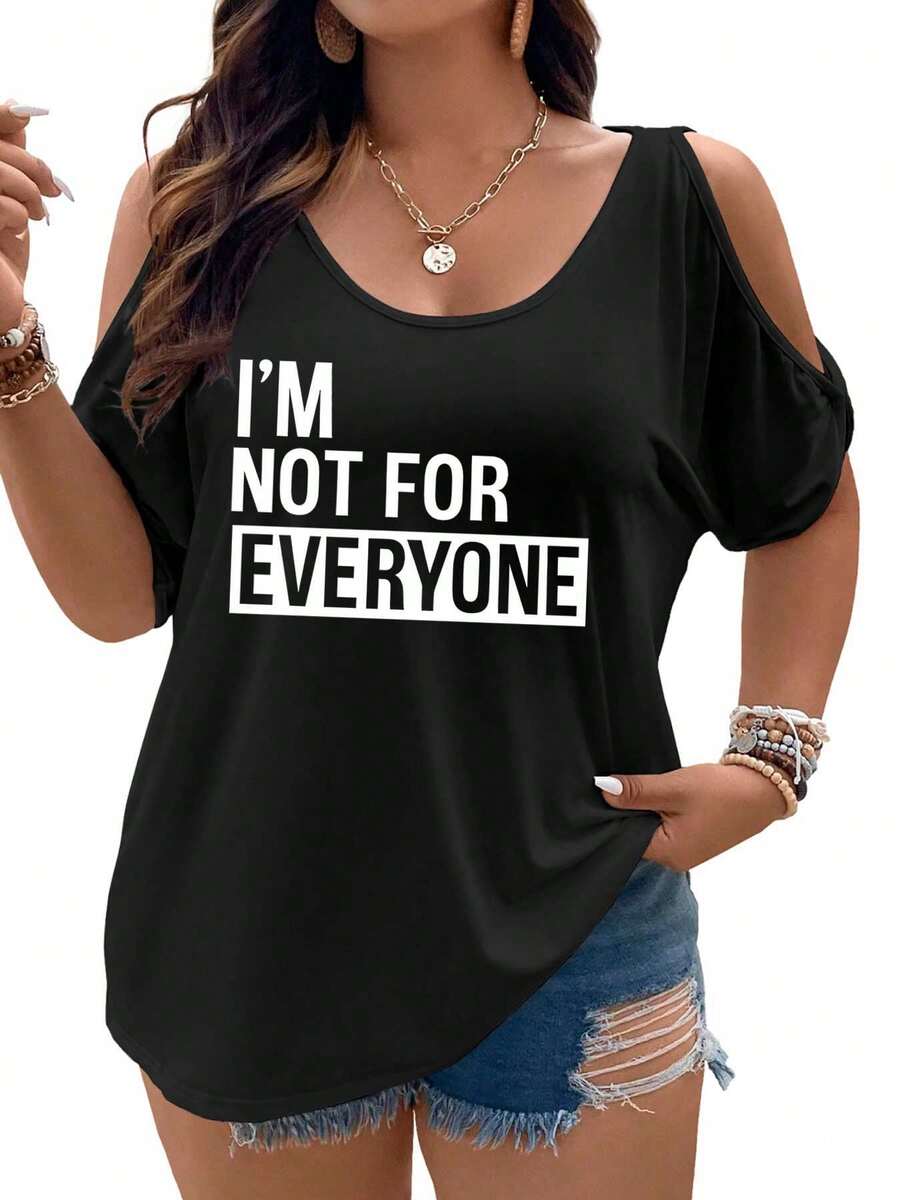 I'm Not For Everyone Statement On Black Background-1Women Cold Shoulder Tops Summer Short Sleeve Shirt Plus Size - 黑色 - 查看 1