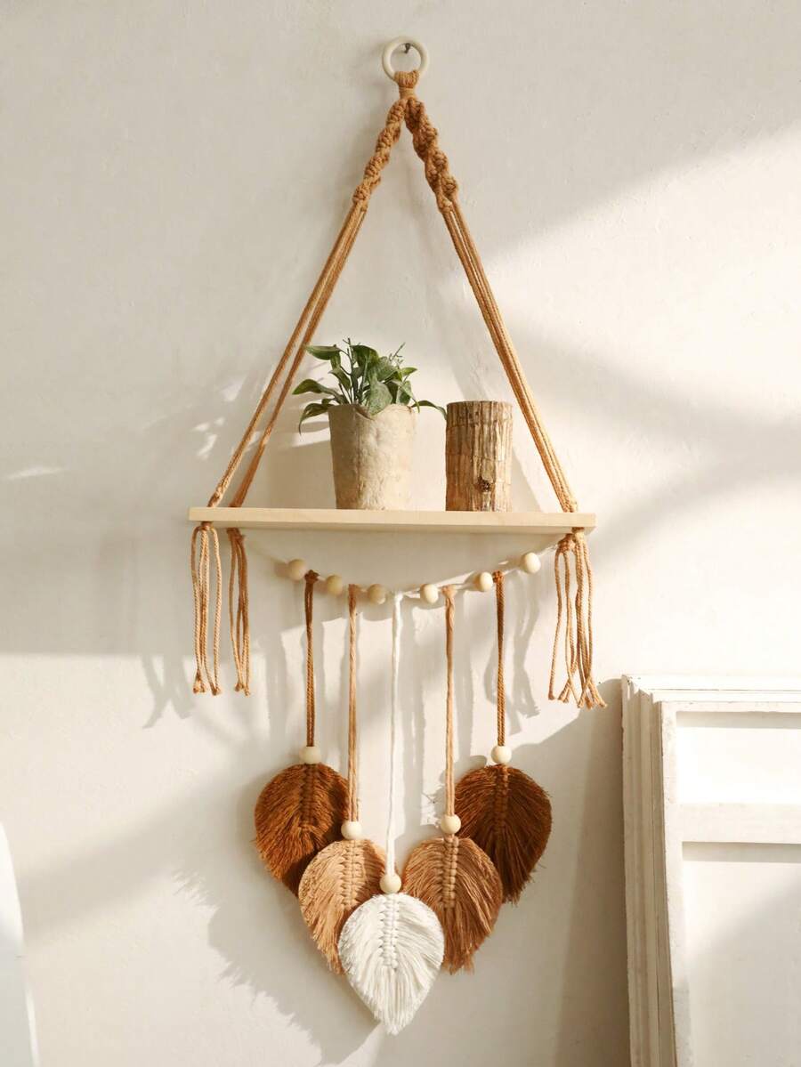 1 chiếc kệ treo tường hình lá đan thủ công, phong cách Bohemian, kệ gỗ treo tường, thích hợp cho phòng tắm, phòng ngủ, phòng khách, không bao gồm kẹp.
