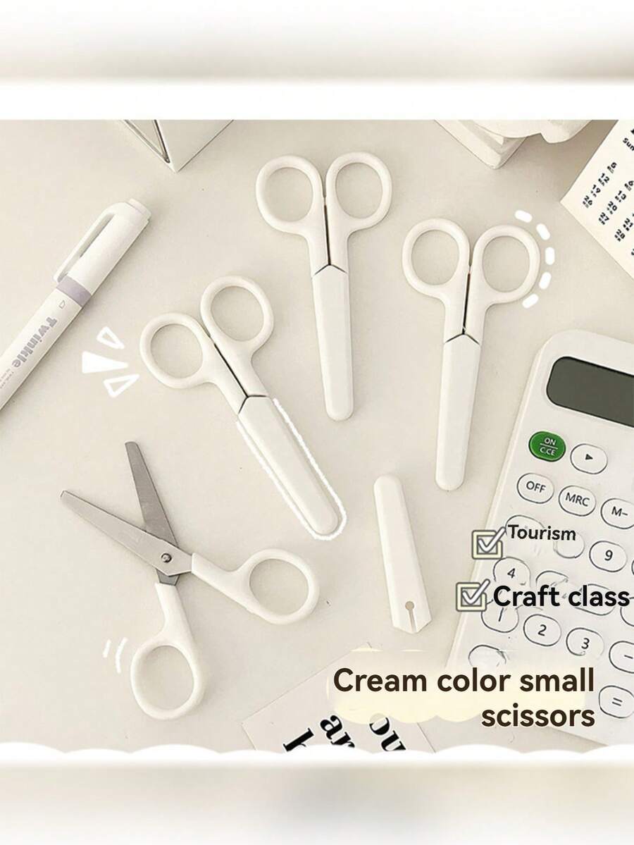 Cream-Colored Small Scissors, Exquisite And Portable, Suitable For Handicraft And Office Cutting, Simple Design, And Durable, Cream-Colored Minimalist Scissors With Cover, For Office, Students, And Children