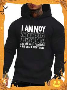 Men's I Annoy Stupid People Funny Slogan Hooded Sweatshirt - Black With White Lettering, Plush Winter Warmth, Casual Humor Gift For Men & Teens, American Streetwear Style, Long Sleeve Pullover,Fall Hoodies,Men's Fall Clothes,Street Wear,Halloween,Mens Hoodies,Y2k Clothes,Jesus Hoodie,Thanksgiving Day,Nightmare Before Christmas,Christmas - Black - View 1