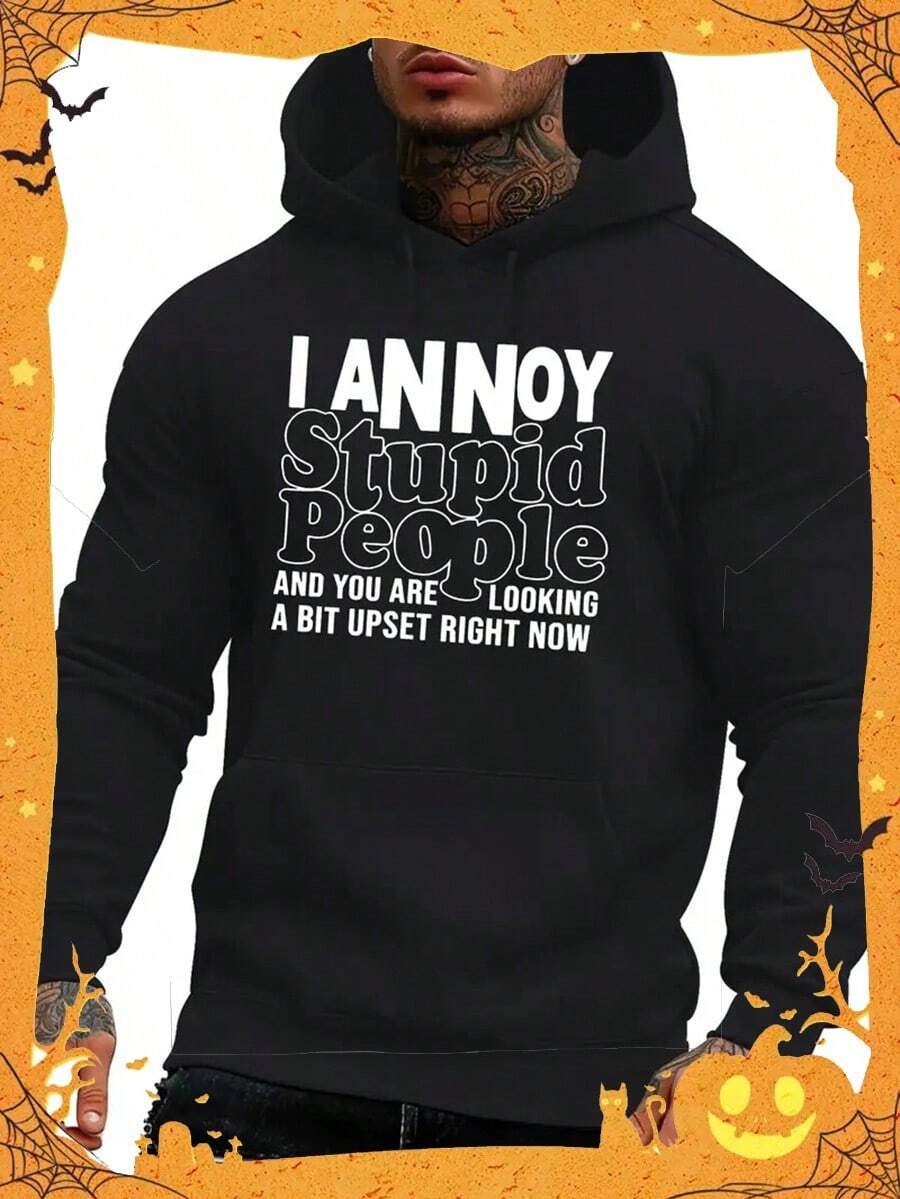 Men's I Annoy Stupid People Funny Slogan Hooded Sweatshirt - Black With White Lettering, Plush Winter Warmth, Casual Humor Gift For Men & Teens, American Streetwear Style, Long Sleeve Pullover,Fall Hoodies,Men's Fall Clothes,Street Wear,Halloween,Mens Hoodies,Y2k Clothes,Jesus Hoodie,Thanksgiving Day,Nightmare Before Christmas,Christmas - Black - View 1